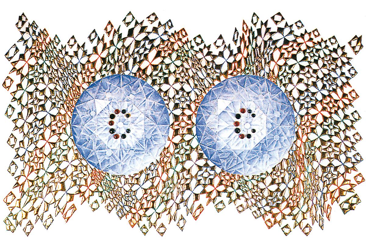 Stereo illustration of a cut jewel with small jewels set in the shape of the letter 'C' with decorative background. ©Caroline Gast