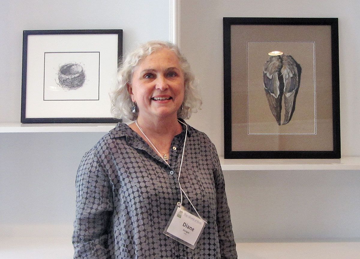 Diane with two of her works in group exhibit put on by the GNSI Great Lakes Chapter in April of 2016, at the Brushwood Center at Ryerson Woods in Riverwoods, IL.
Photo © Karen Johnson