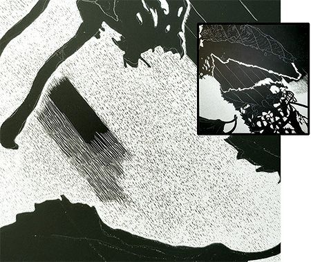 Fig. 7 : The white background is created by scratching layer by layer following the directional guidelines... ©Rhonda Nass