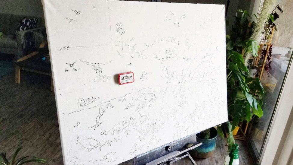 (right) Sketch process: I gridded the sketch and the stretched watercolor paper, transferred the drawing to the stretched paper, and refined my drawing to match the final sketch. (Altoids tin for scale) (right) Sketch process: I gridded the sketch and the stretched watercolor paper, transferred the drawing to the stretched paper, and refined my drawing to match the final sketch. (Altoids tin for scale)