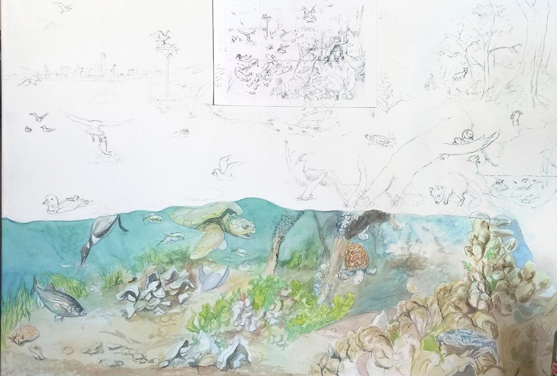 Figure 5: I started painting in small sections with the sketch for reference and photo references on my iPad. Figure 5: I started painting in small sections with the sketch for reference and photo references on my iPad.