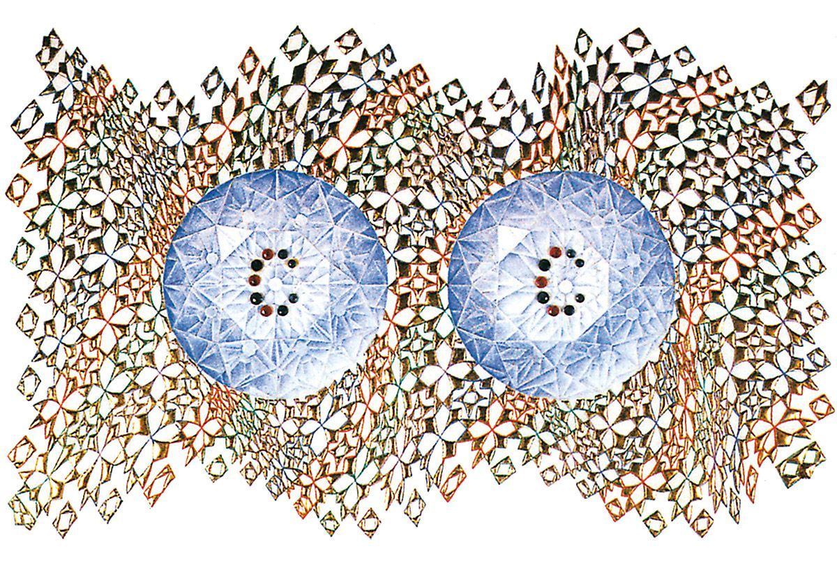 Stereo illustration of a cut jewel with small jewels set in the shape of the letter 'C' with decorative background. ©Caroline Gast