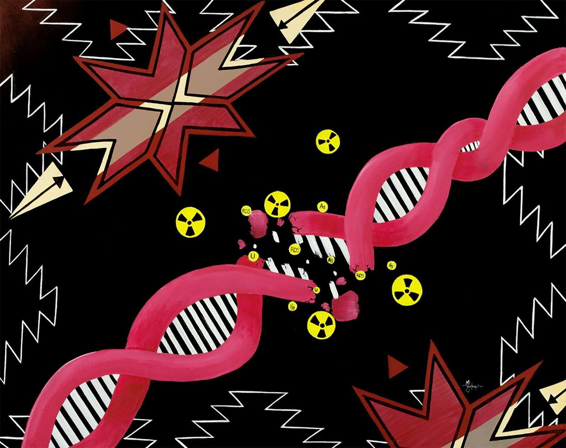 Figure 3: DNA Damage. Acrylic on Paper. 16 x 20 in. © 2017 Mallery Quetawki