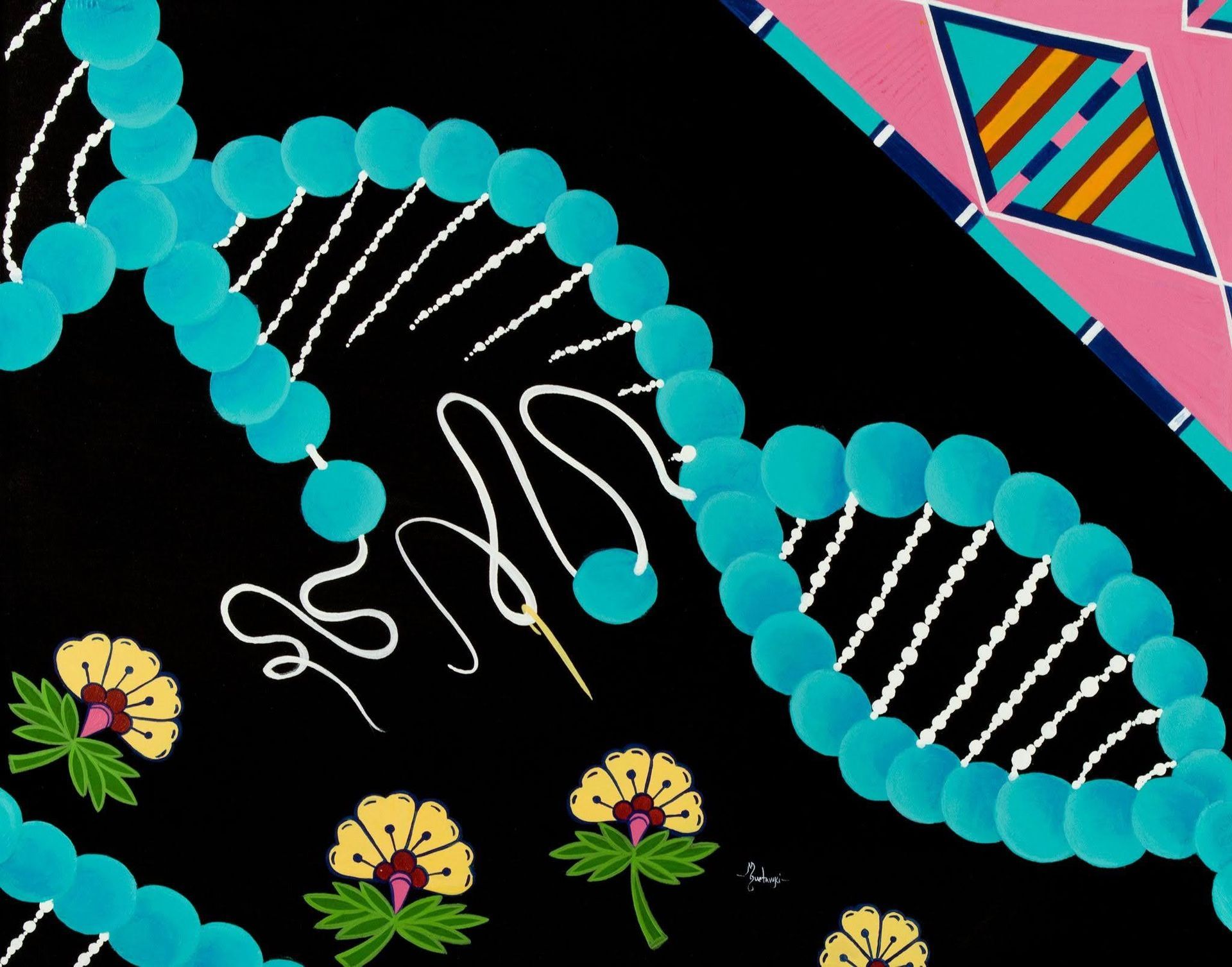 Figure 4: DNA Repair. 2017. Acrylic on Paper. 16 x 20 in.  ©2017 Mallery Quetawki