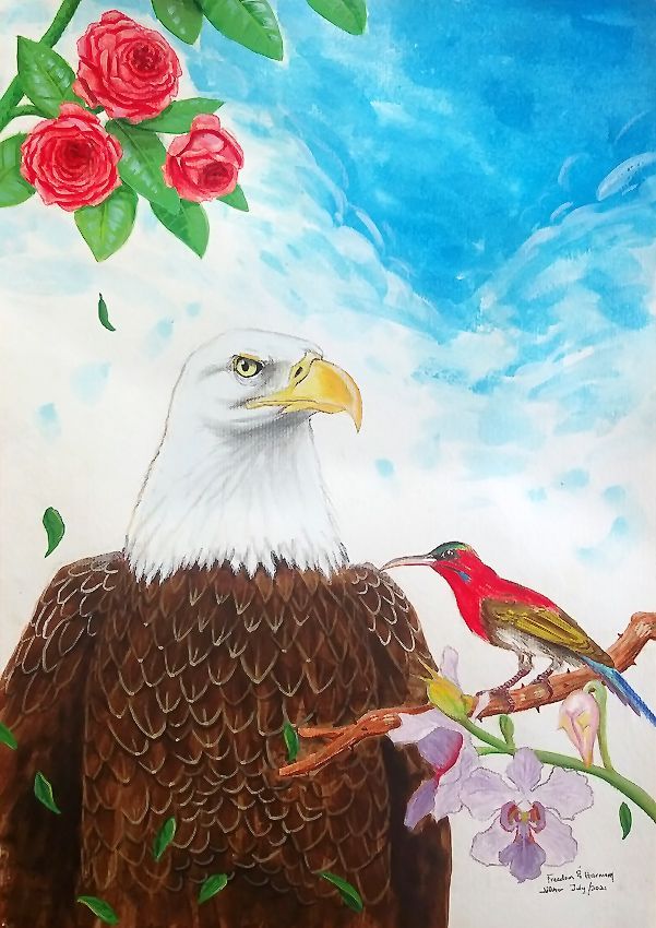 The Bald Eagle and a red rose symbolize the United States while the Crimson Sunbird and the Vanda Miss Joaquim orchid represent Singapore. Figure 6: The Bald Eagle and a red rose symbolize the United States while the Crimson Sunbird and the Vanda Miss Joaquim orchid represent Singapore.