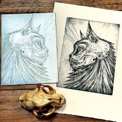 Final print along with the etching plate and cat skull © 2024 Caroline Erolin.