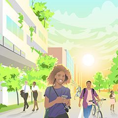 he NOAA's Climate Program Office features illustrations on the cover of their 2024–2028 Strategic Plan, envisioning a future where all peoples, economies, and environments are resilient to climate impacts and work together to sustainably mitigate climate change. Illustration by Fiona Martin of Visualizing Science LLC, in the public domain.