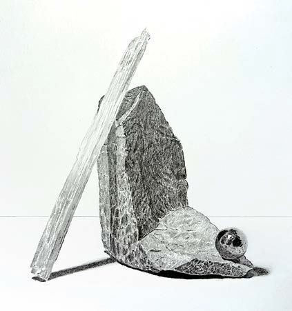 Sioux quartzite, selenite crystal, and copper ball. Graphite. © 2024 CJ Rocky