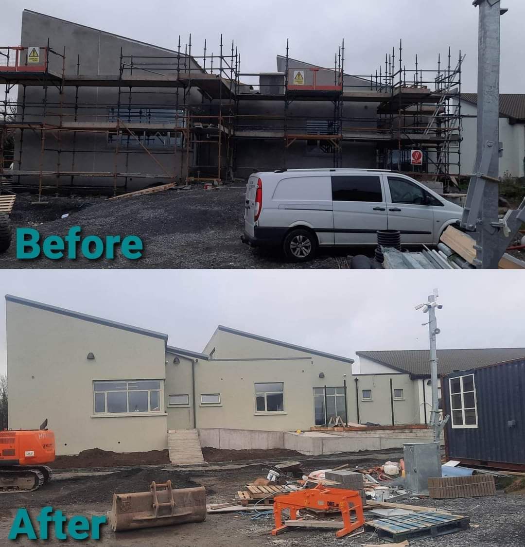 A before and after photo of a building under construction