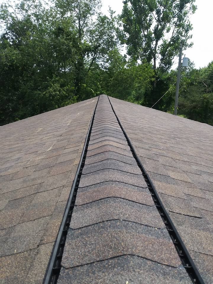 Brown asphalt shingle roof with a dark ridge cap, trees in the background.