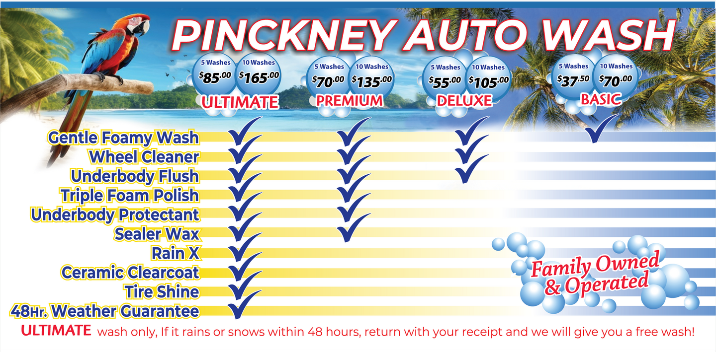 pinckney auto wash pricing menu for ultimate premium deluxe and basic wash pre-paid gift cards