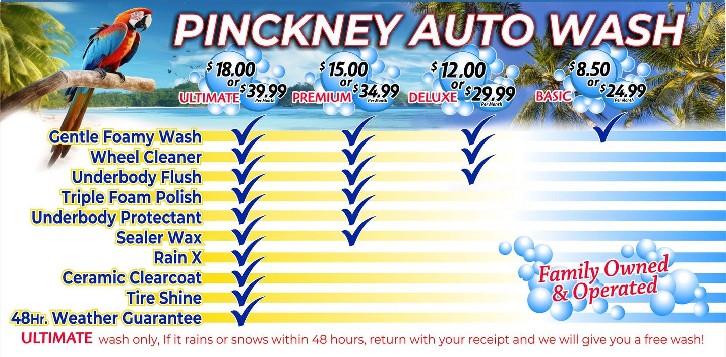 pinckney auto wash pricing menu for ultimate premium deluxe and basic wash packages