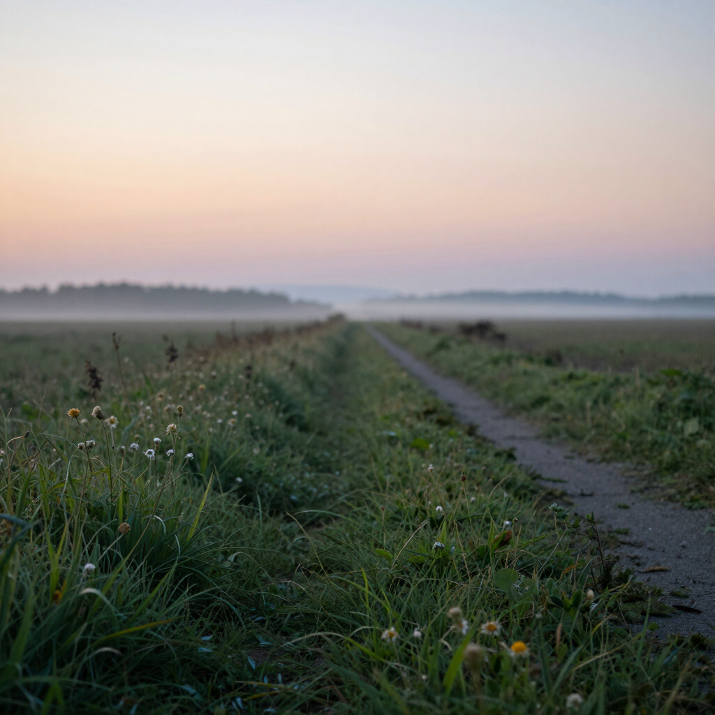 Dirt path through misty green fields at dawn under a pastel sky