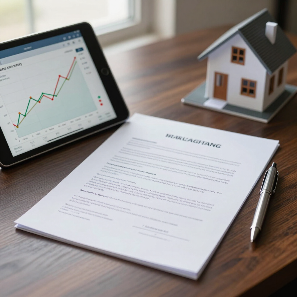 Tablet with rising chart, house model, and mortgage application form on a desk