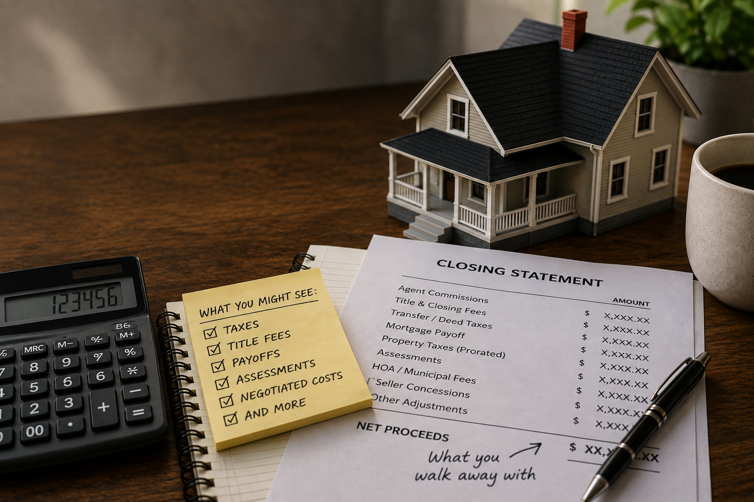 Real estate closing statement with title fees, taxes, assessments, mortgage payoff, and seller net p