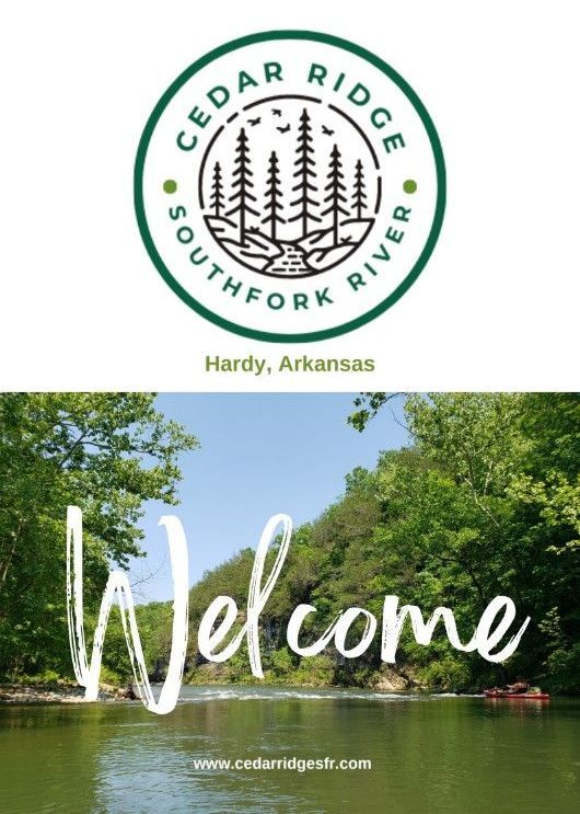 Cedar Ridge Southfork River logo above a scenic river welcome sign in Hardy, Arkansas