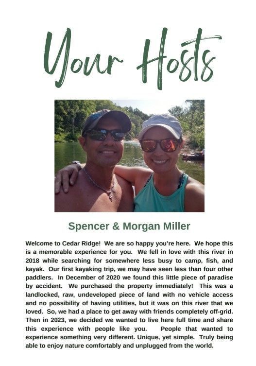 Two smiling people outdoors beneath the words “Your Hosts” and “Spencer & Morgan Miller”