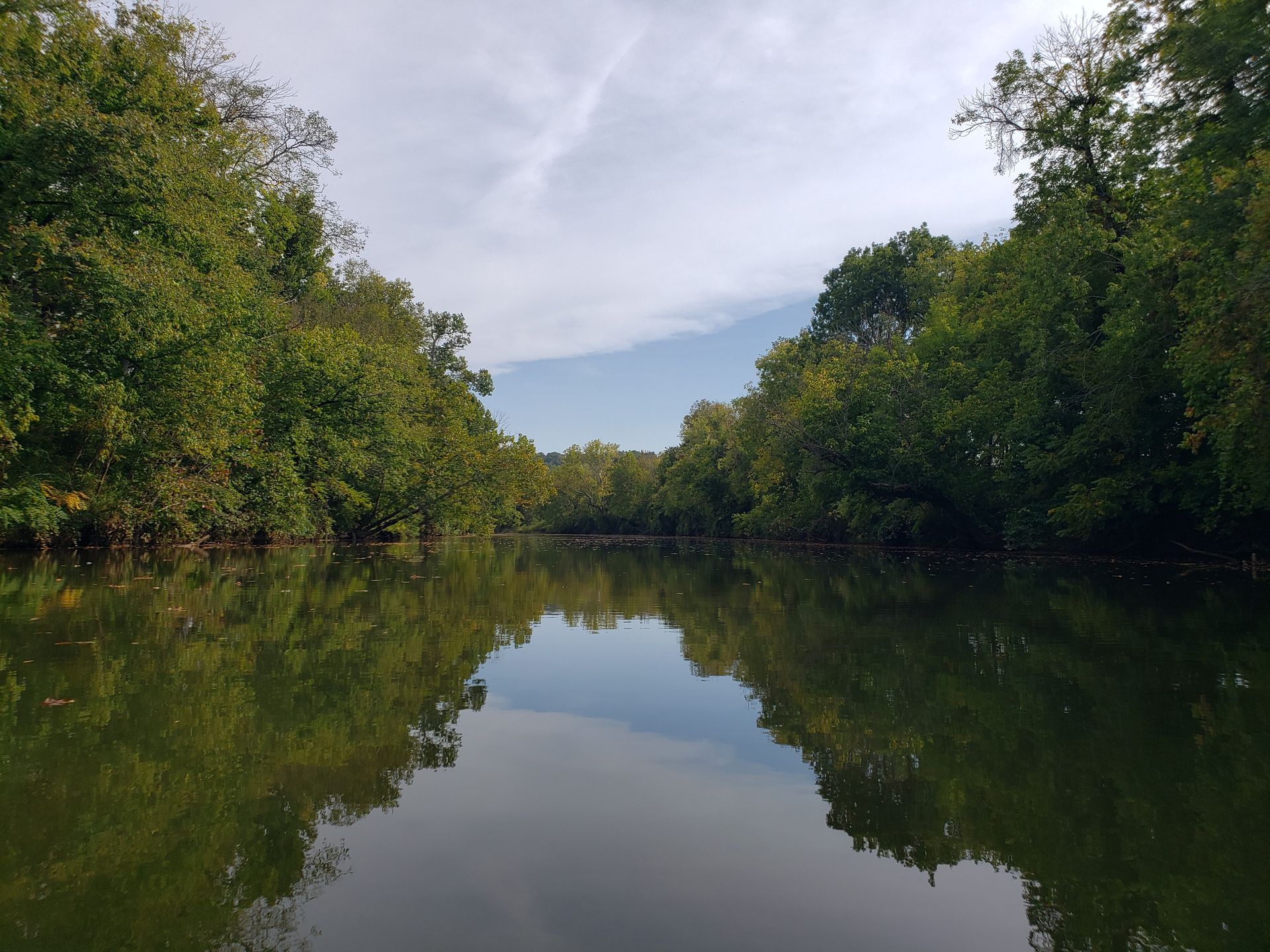 Calm river bordered by dense green trees, reflecting the sky and foliage.