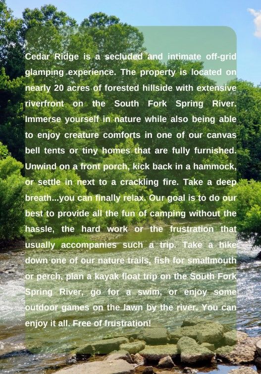 Cedar lodge with text overlay promoting a quiet forest retreat and access to rivers, trails, and fire pit areas
