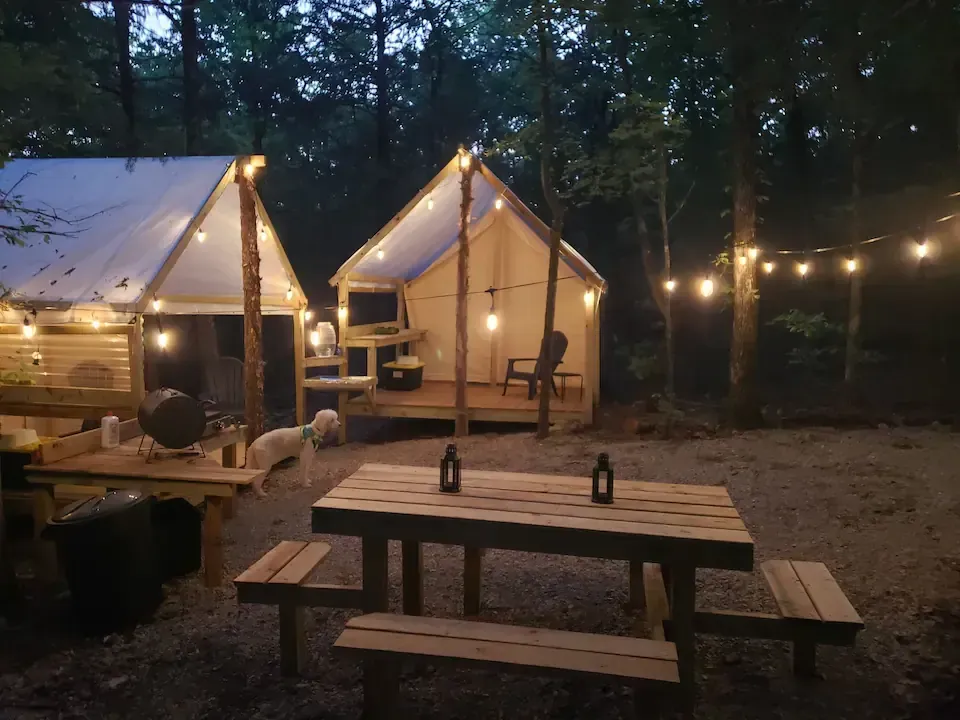 Lit glamping tents and picnic table in a wooded campsite at dusk