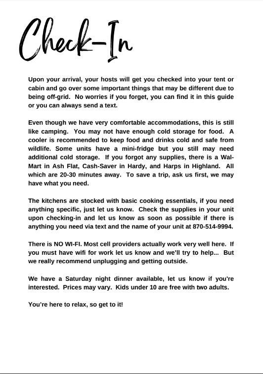 Handwritten “Check-In” notice with paragraph text and a line at the bottom on a white background