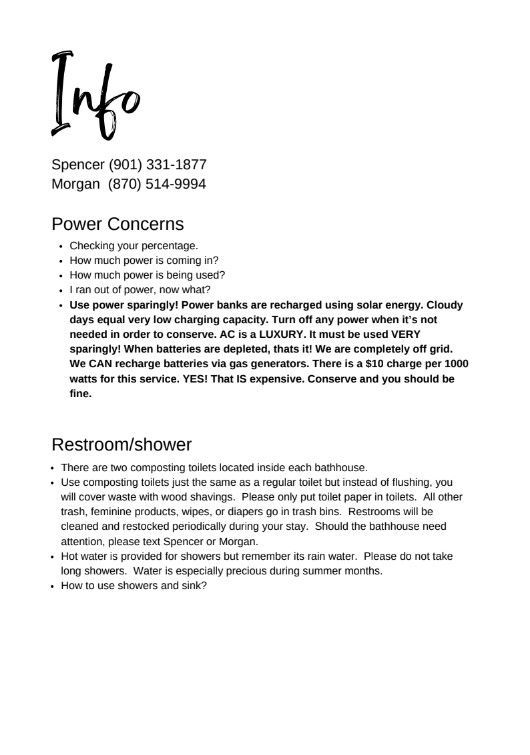 Black-and-white info sheet with power concerns and restroom/shower notes, likely for a car show.