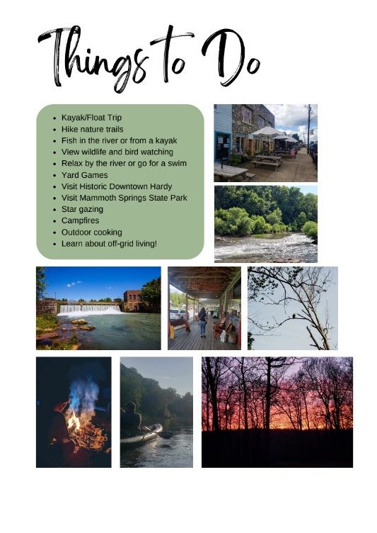 Things to Do travel collage with a checklist and scenic photos of outdoors, lake, campfire, and sunsets