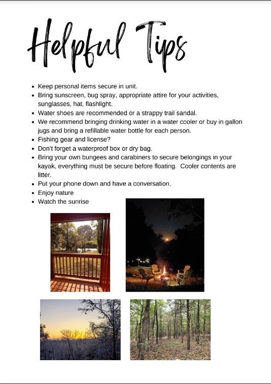 “Helpful Tips” flyer with bullet points and four outdoor photos in a 2x2 grid