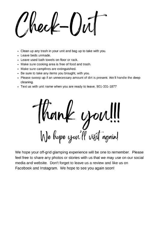Black-and-white check-out instructions with a handwritten “thank you” and a note about leaving reviews and returning keys.