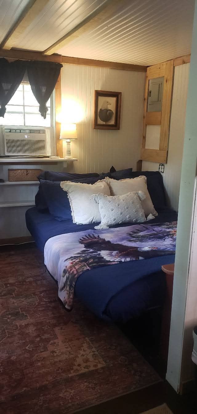 Small bedroom with a blue couch, patterned rug, and window air conditioner in warm daylight.