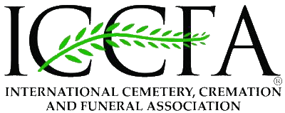 ICCF, the International Cemetery, Cremation, and Funeral Association logo in black font with a green sprig intertwined.