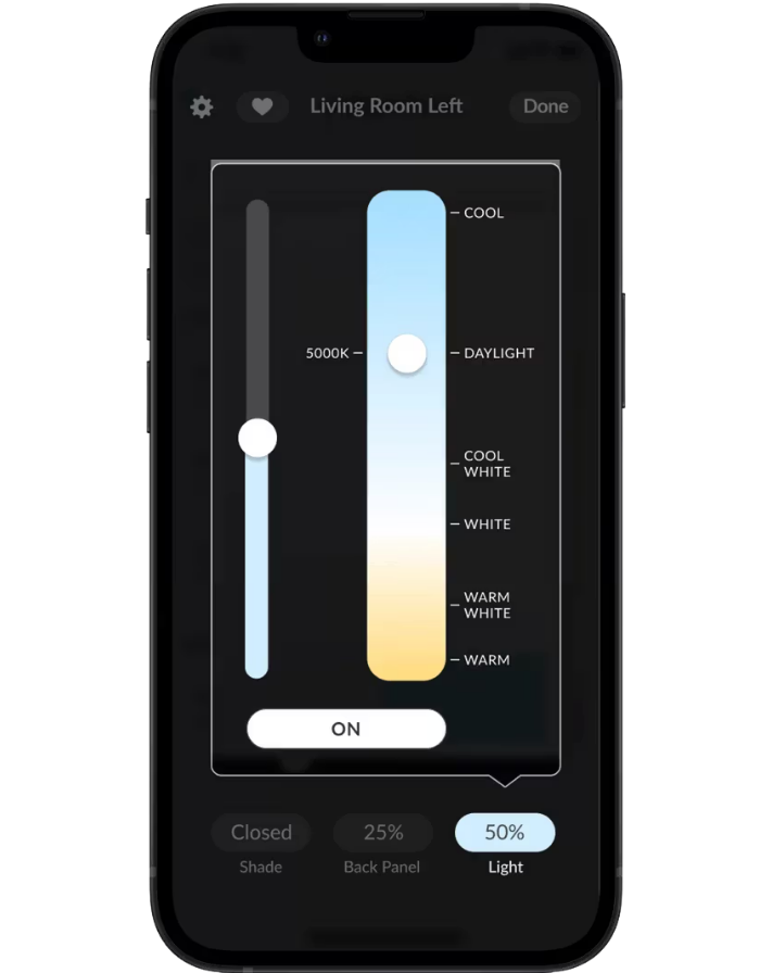 Smartphone lighting control screen with vertical brightness and warm-cool color sliders in a dark UI