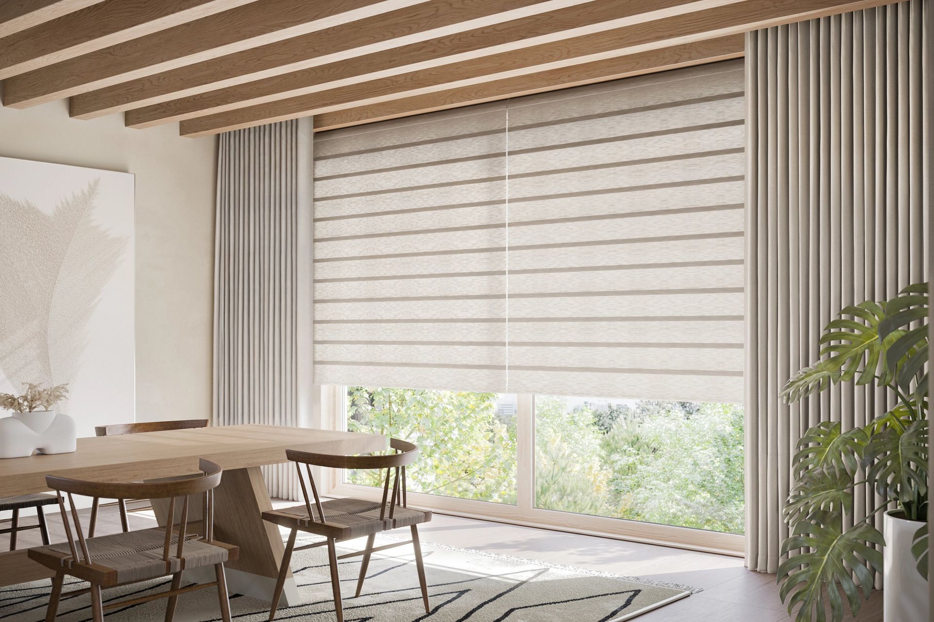 Bright dining room with wooden table, chairs, slatted ceiling, and large window blinds overlooking greenery