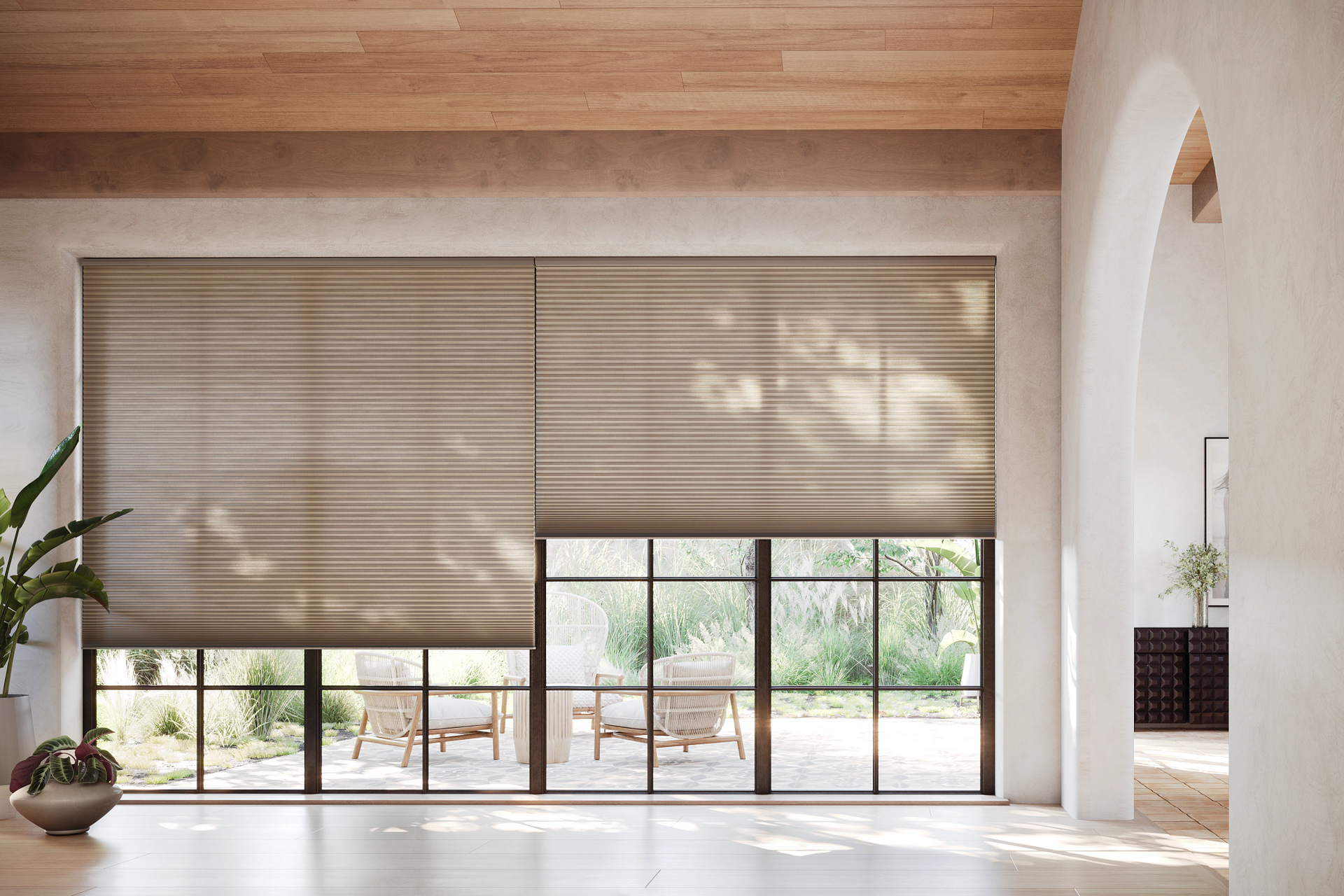Modern living room with tall windows, beige blinds, wood ceiling, and bright natural light