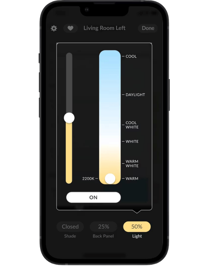 Smartphone app screen showing a living room light and fan control with vertical sliders and an ON toggle.