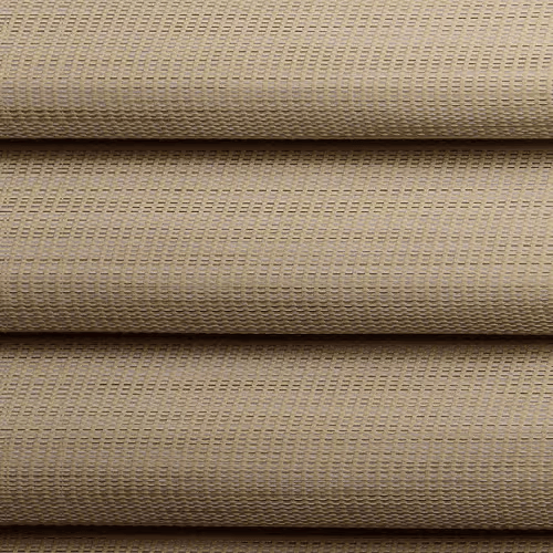 Stacked beige woven fabric rolls with a textured horizontal pattern