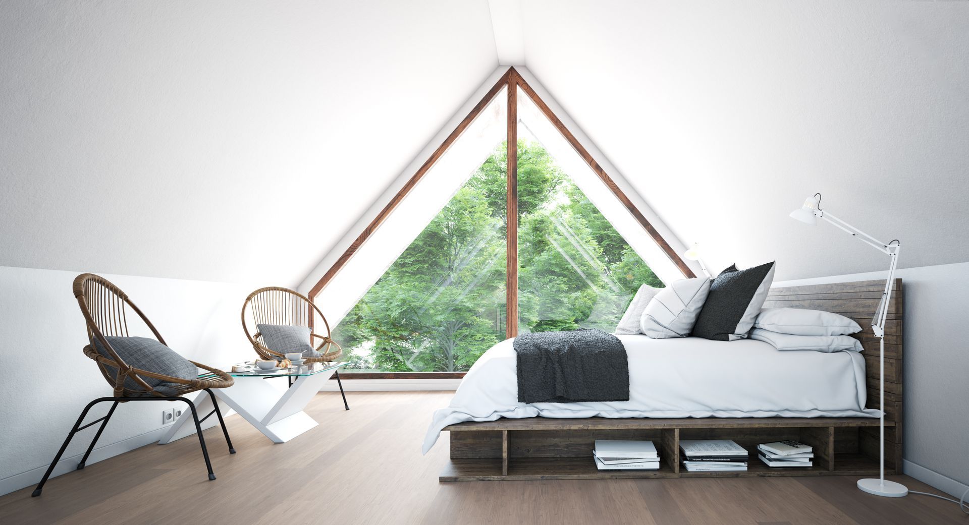 A modern attic bedroom with a triangular window near Grand Rapids, Michigan (MI)