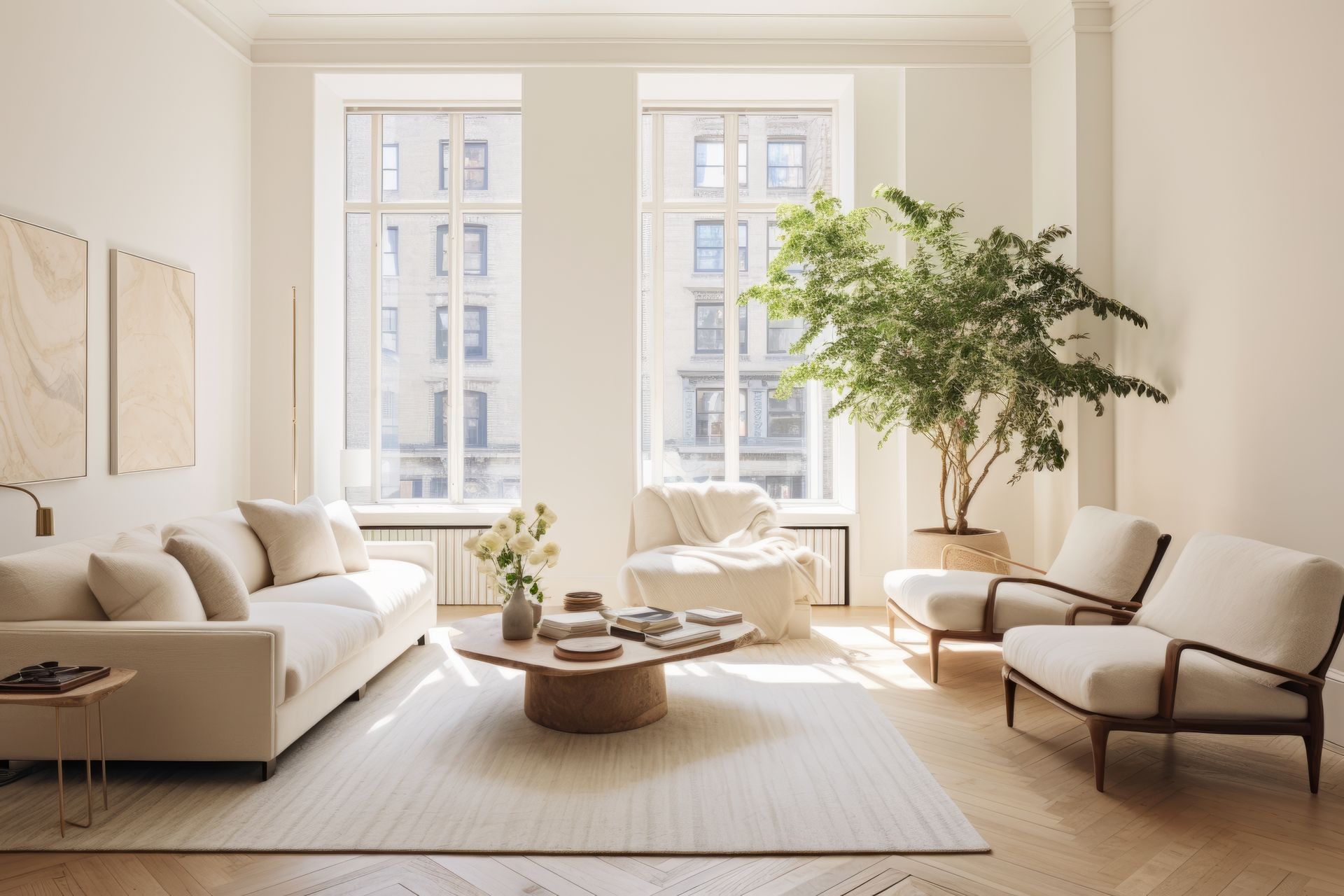 A lounge space with expansive windows and neutral furniture and decor