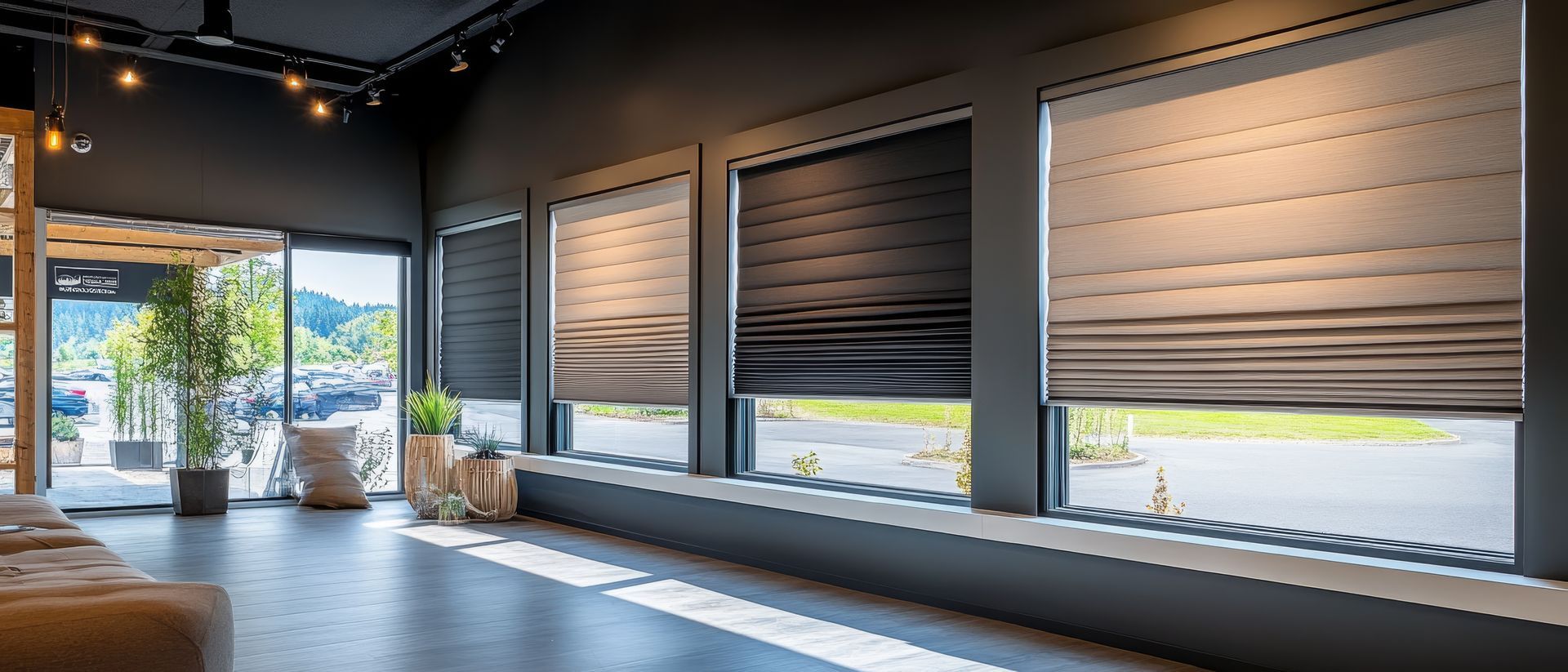 Several room-darkening shades in a window display