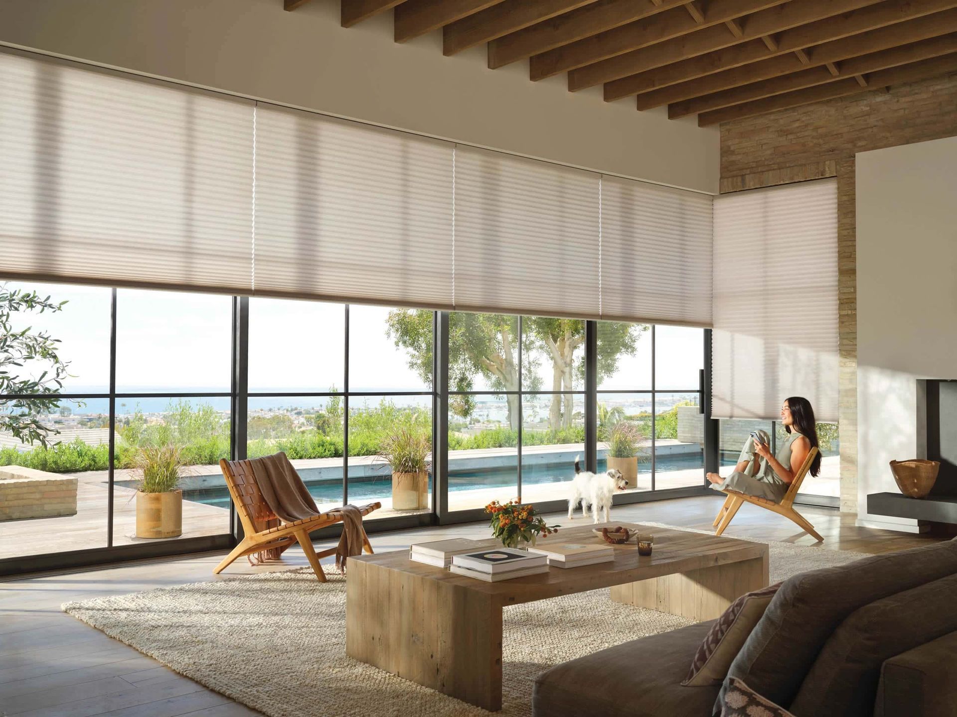 Modern living room with large windows, wood-beam ceiling, neutral furniture, and a person relaxing by the view