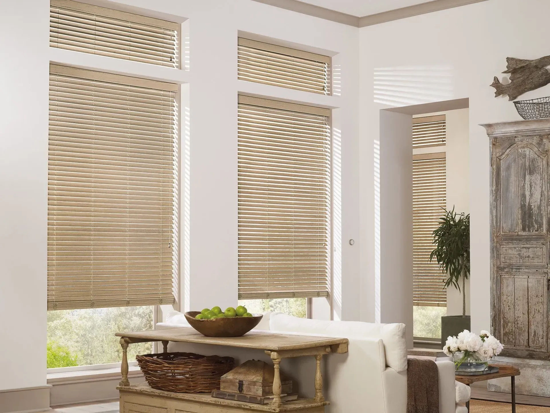Bright living room with woven blinds, a rustic table, and potted plants near a mirror