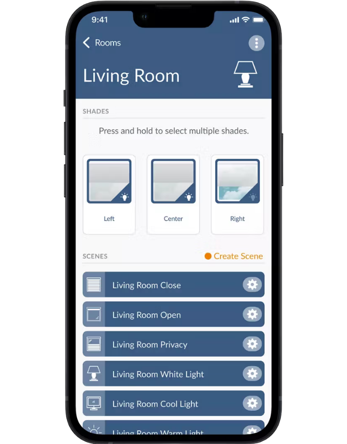 Smartphone app screen showing Living Room shades and scenes controls with blue panels and icons