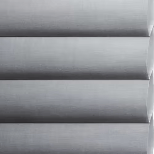 Close-up of light gray window blinds with horizontal slats.