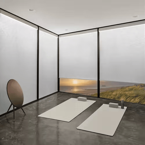 Minimalist yoga room with two mats and a sunrise view through floor-to-ceiling windows