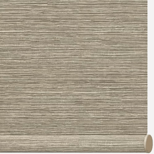 Beige textured window blind with horizontal lines and a rolled edge at bottom right