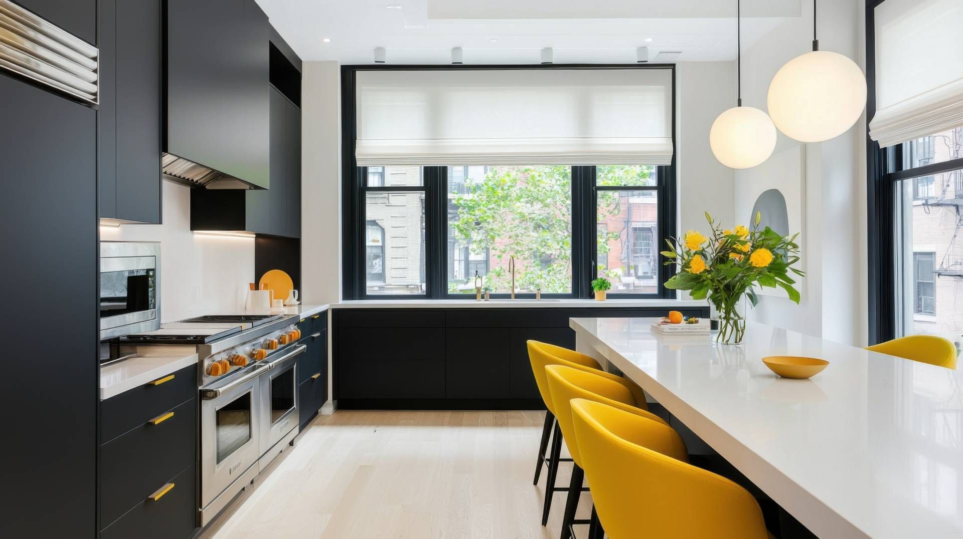 Roman Shades in a bold kitchen near Grand Rapids, Michigan (MI)