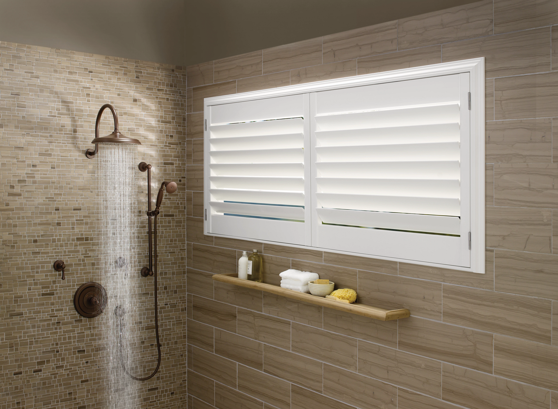 Palm Beach™ Polysatin™ Vinyl Shutters in a bathroom shower.