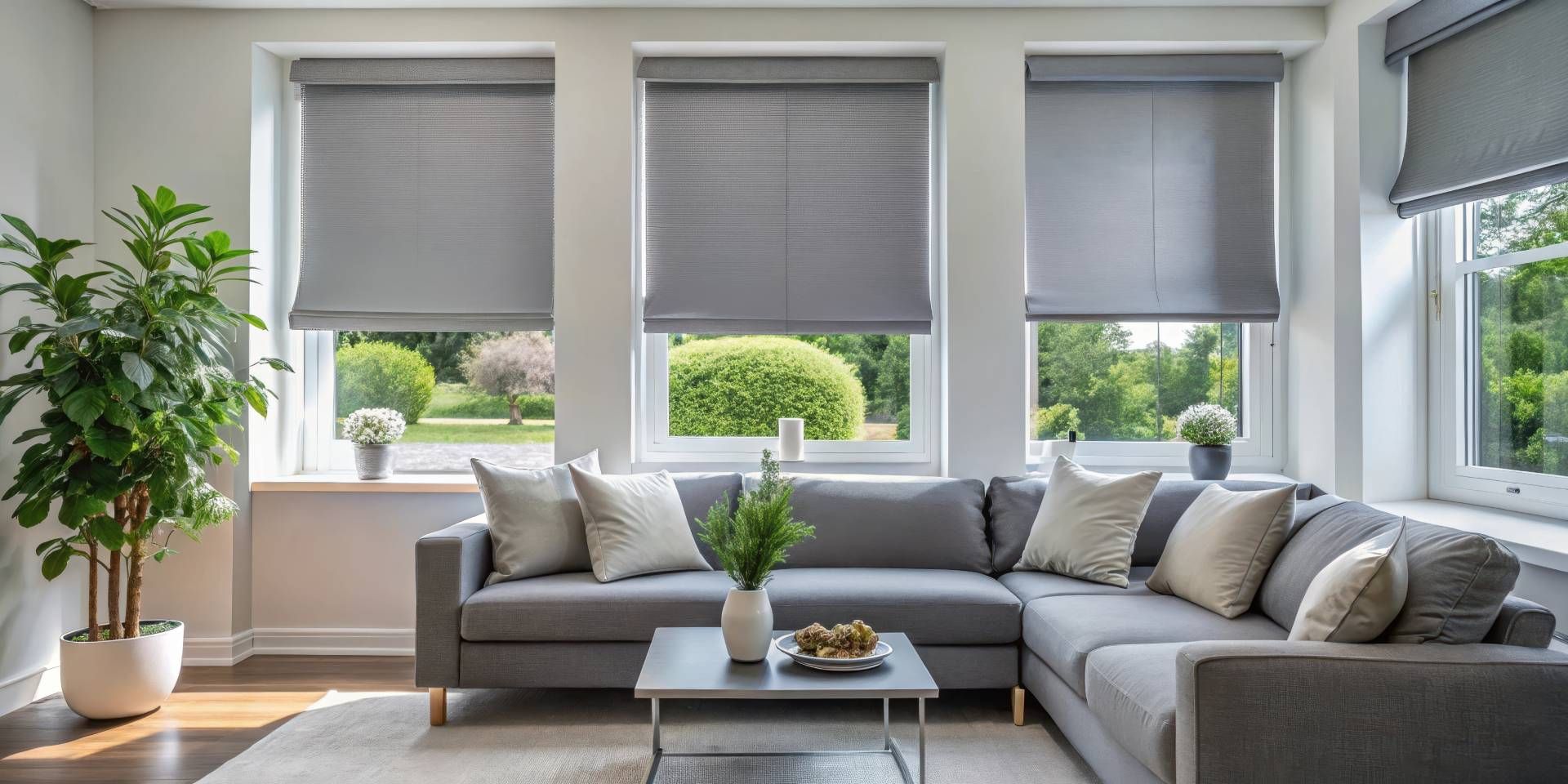 A living room with gray blackout window shades on the windows near Grand Rapids, MI