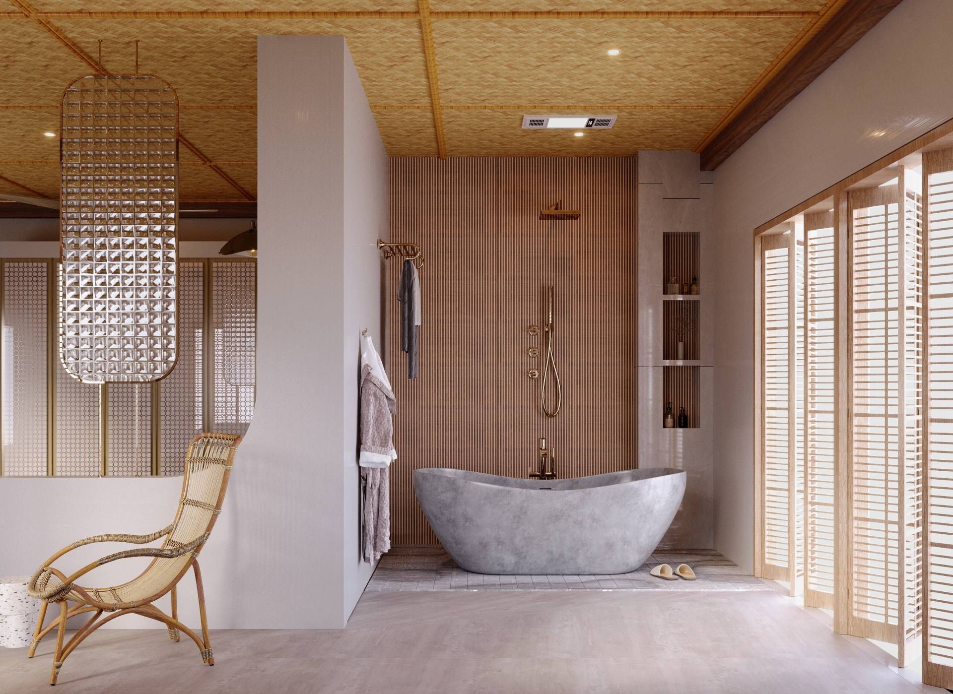A bathroom with wood interior shutters near Grand Rapids, MI