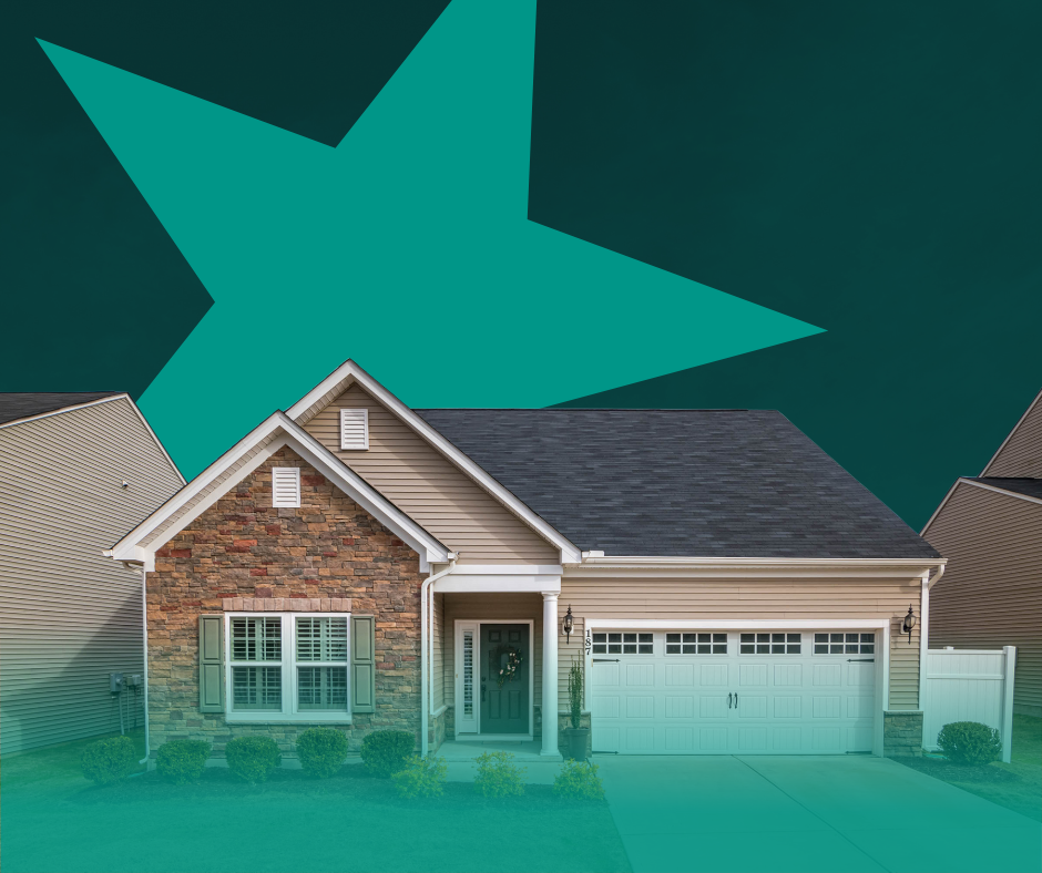 House with stone and siding facade, two-car garage, with a teal star graphic overlay.